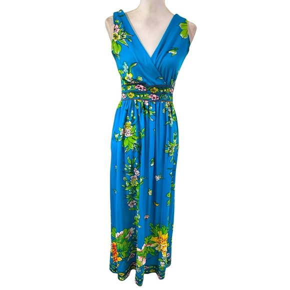 Vintage 60s bohemian Floral Blue sleeveless Maxi Dress Size 6 fit - Picture 1 of 7